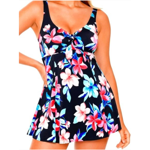 Swim Solutions bow front black floral swim dress Size 8 NWT - Picture 1 of 7